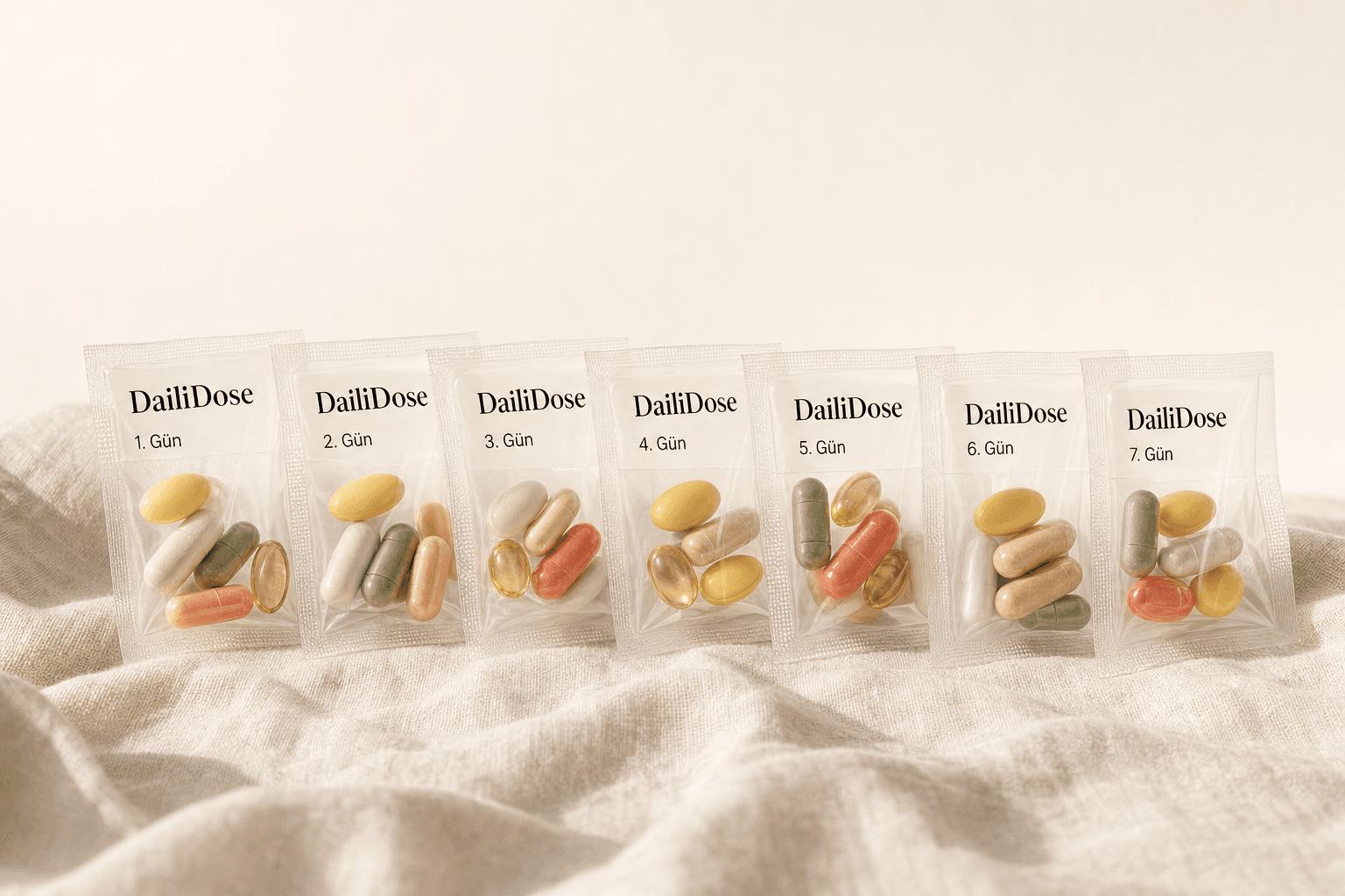 Yedi günlük DailiDose vitamin paketleri, her birinde renkli kapsüller
